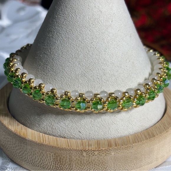 Hand Crafted Jade Bangle Bracelet with Green Crystal Accent Beads Size Large - Picture 4 of 5